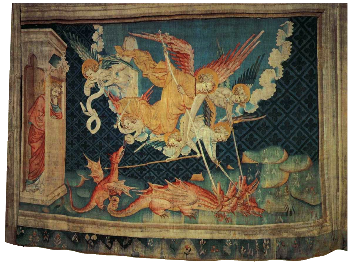 L'image est une tapisserie médiévale représentant plusieurs anges armés de lances combattant un dragon rouge à plusieurs têtes.