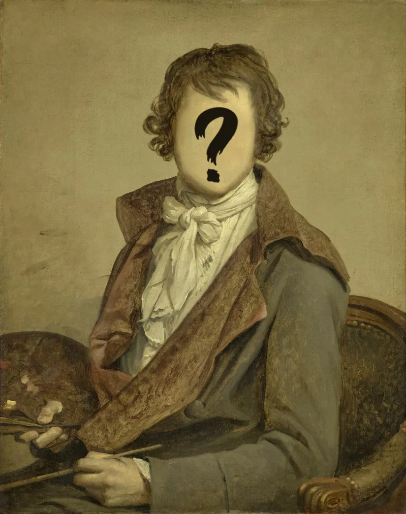Autoportrait du peintre Jacques-Louis David dont les traits du visage ont été effacés, et à la place desquels on voit un grand point d'interrogation
