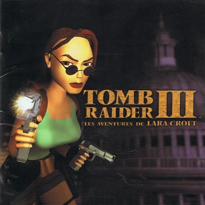 Image de la jaquette de Tomb Raider III. A gauche, le personna de Lara Croft tire un coup de feu à l'aide d'un pistolet en direction du spectateur. Le titre du jeu est visible sur la droite. L'arrière plan est très sombre, mais on y distingue tout de même le dôme de la cathédrale Saint Paul de Londres.