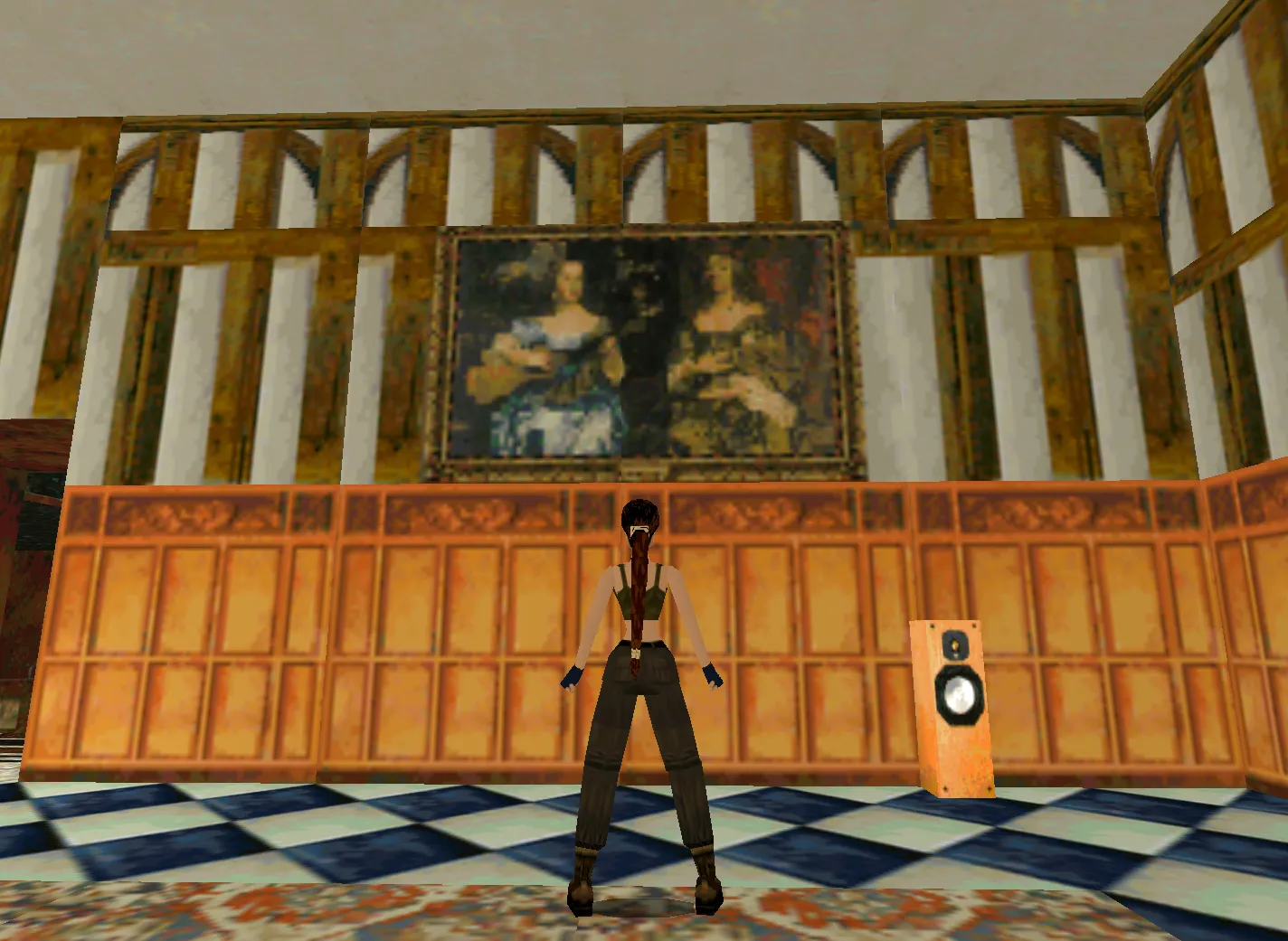 Capture d'écran de Tomb Raider II dans laquelle on voit une toile de Peter Lely : un portrait de groupe de deux femmes de la famille Lake