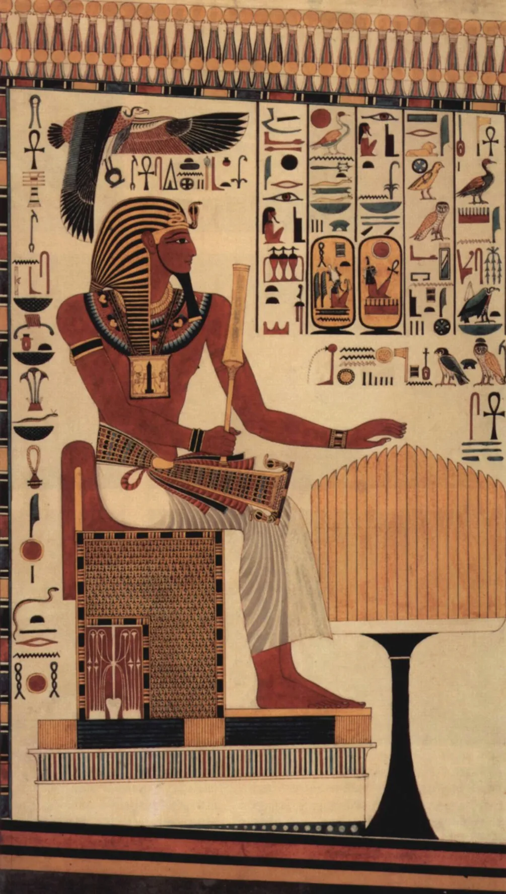 Aquarelle d'Henry William Beechey reproduisant une fresque représentant le Pharaon Séthi Ier