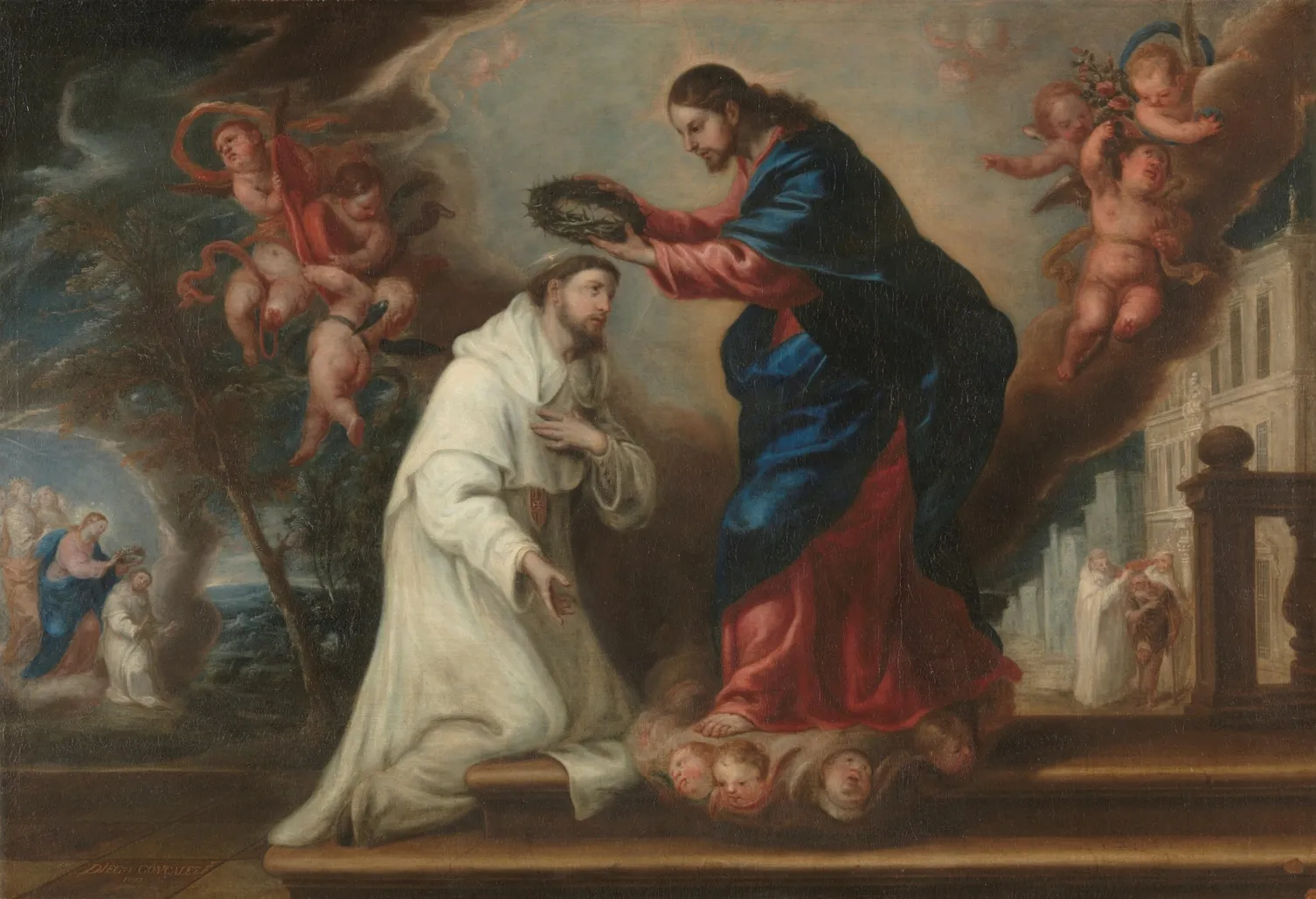 Peinture de Diego González de la Vega représentant Saint Raymond Nonnat (à gauche, agenouillé, en habit religieux blanc) couronné par le Christ (à droite, debout, vêtu d'un drapé rouge et bleu). Les nuées autour du Christ et à ses pieds, ainsi que les nombreux angelots présents, montrent qu'il s'agit d'une apparition divine.