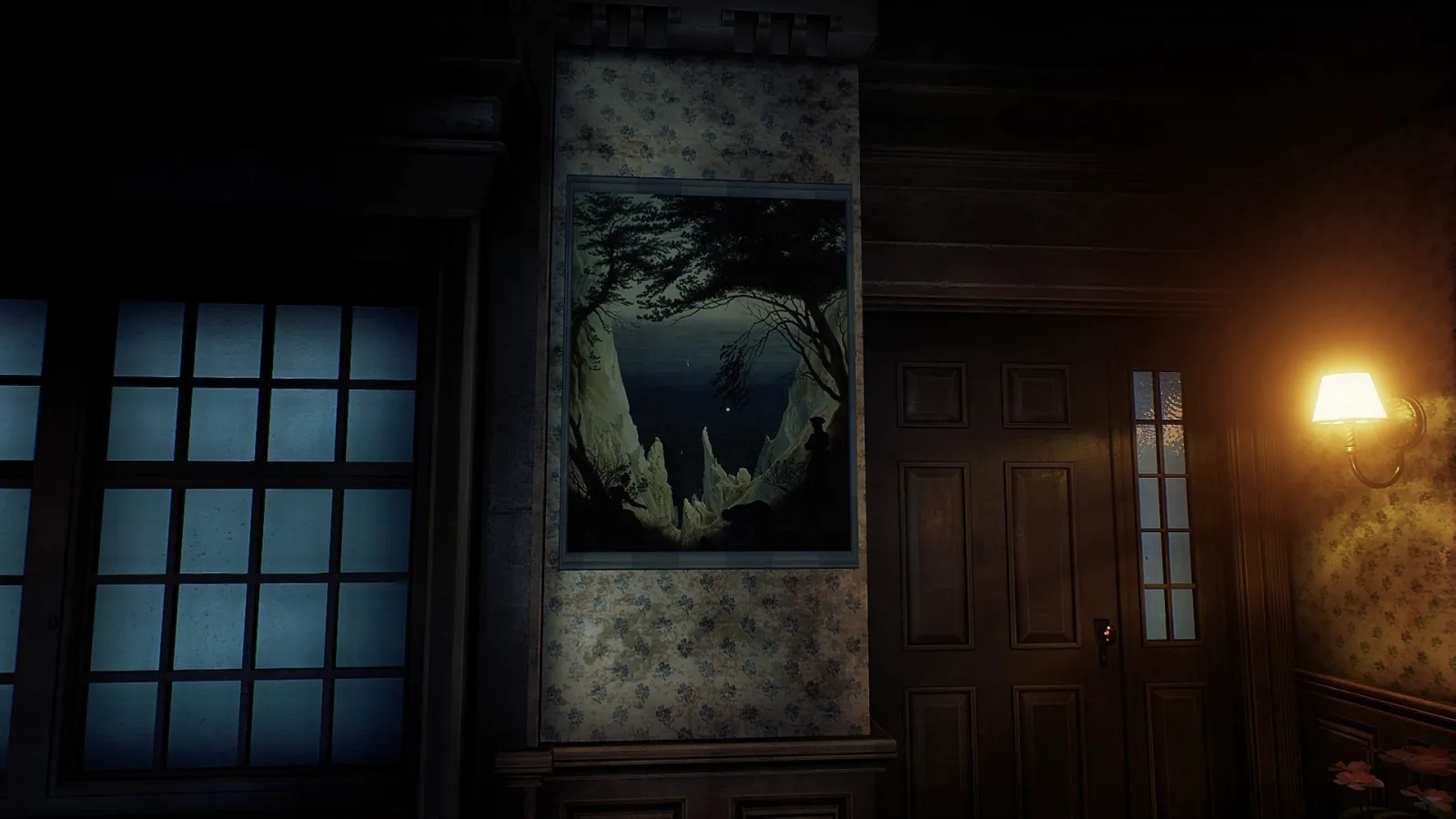 Image du jeu Conarium dans laquelle on voit le tableau de Caspar David Friedrich intitulé "Falaises de craie sur l'île de Rügen"