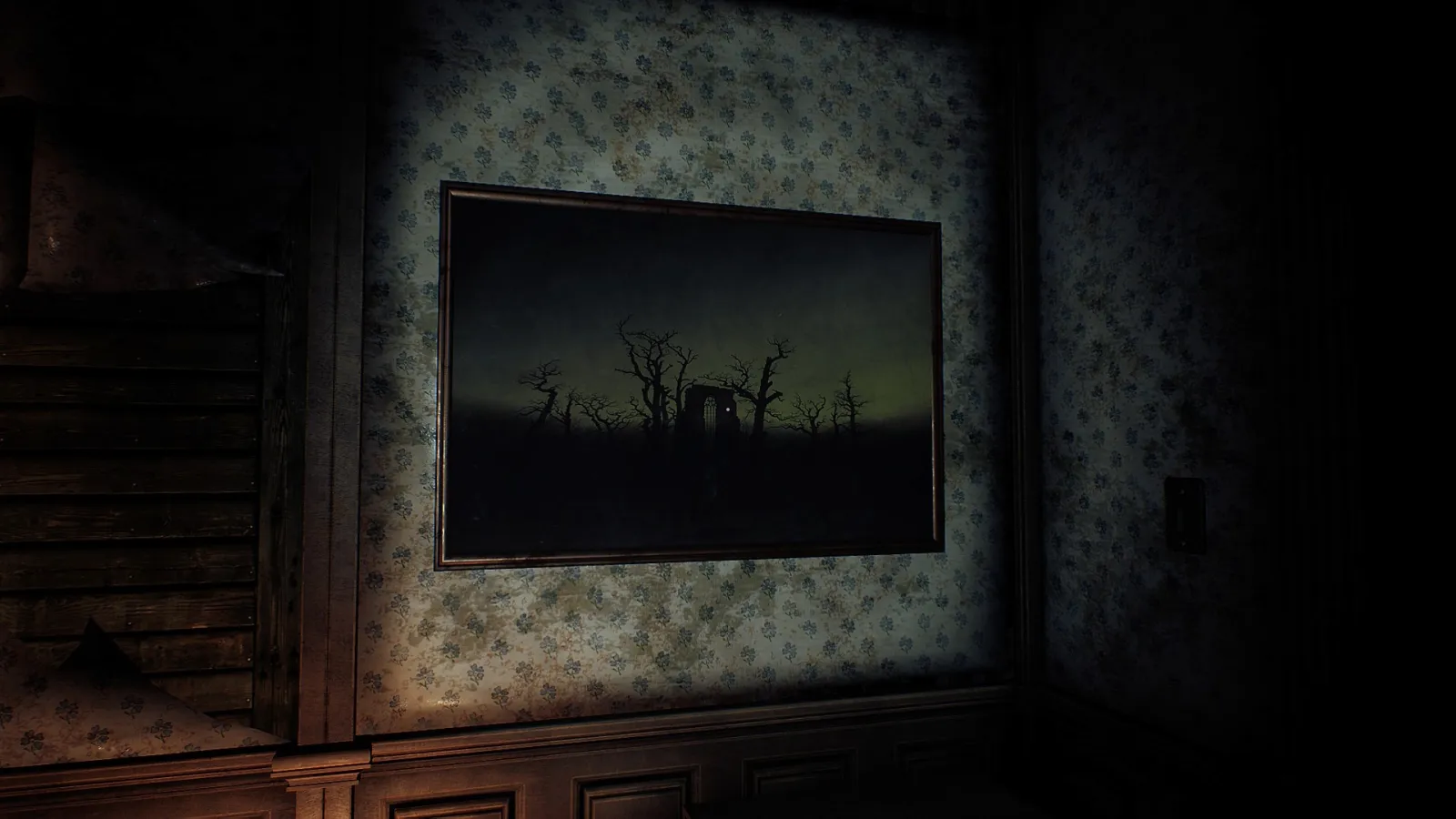 Image du jeu Conarium, dans laquelle on voit le tableau de Caspar David Friedrich intitutlé "Abbaye dans une forêt de chênes"