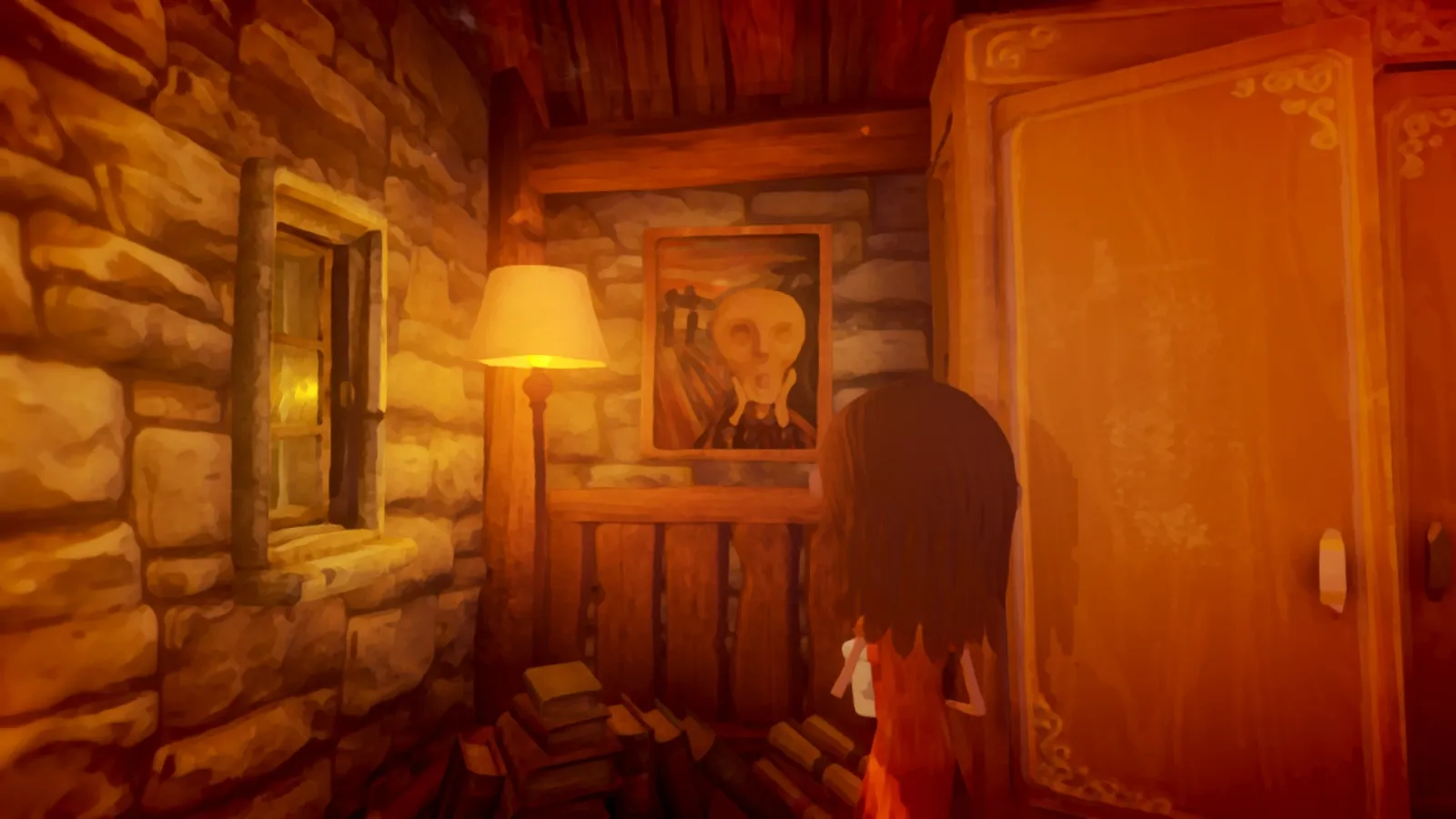 Image du jeu Last Day of June dans laquelle on voit un personnage féminin face à un mur au papier vert, auquel est accorché un tableau reprenant la composition du Cri de d'Edvard Munch