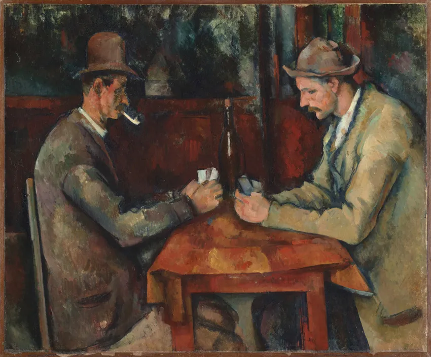 Peinture de Paul Cézanne représentant deux joueurs de cartes attablés à une table de café. Les deux hommes sont assis face à face, de profil par rapport au spectateur. Les deux hommes portent manteau et chapeau. L'homme de gauche fume la pipe. Leurs avant-bras reposent sur la table qui les sépare. Une bouteille est également posée sur la table.