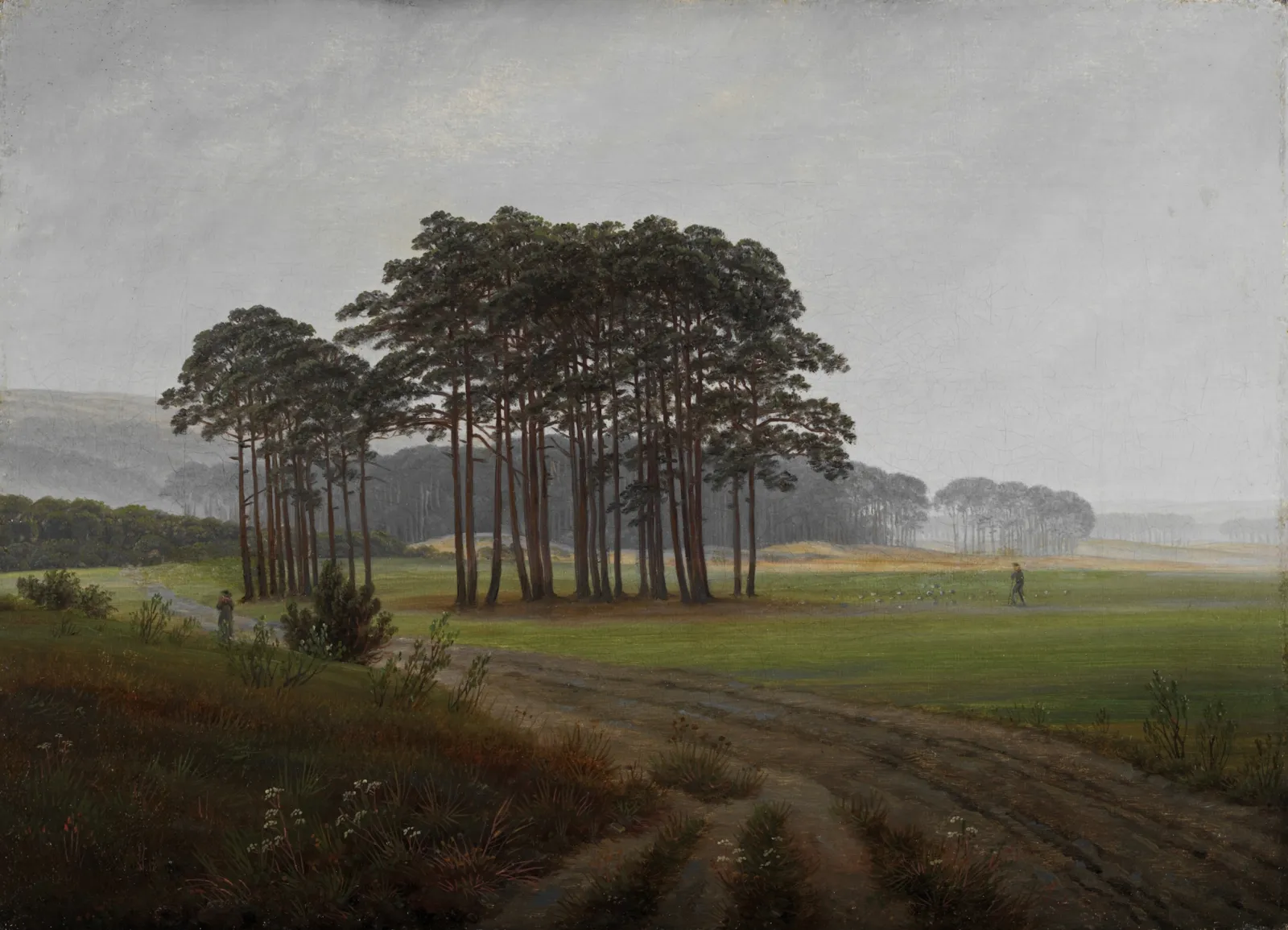 Tableau de Caspar David Friedrich représentant un chemin de campagne (à droite) longeant un pré (à droite). Le ciel est gris et le paysage est baigné d'une lumière égale. Au centre de la composition, près du bord du chemin, un bouquet d'arbres aux troncs élancés s'élève. L'arrière plan laisse apercevoir des collines et une forêt. Deux personnages sont visibles : l'un sur le chemin à gauche de la représentation, l'autre au milieu du pré à droite.