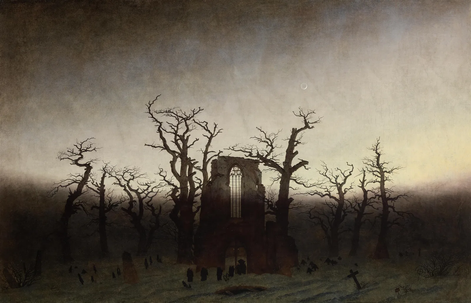 Peinture de Caspar David Friedriche. Au centre de la représentation, une procession de moines se dirige vers le portail d'une église gothique en ruines. La scène se passe dans une forêt d'abres ayant perdu leurs feuilles. Le sol enneigé fait écho à la couleur du ciel, d'une pâleur presque blanche, évoquant l'aube ou le crépuscule d'une journée d'hiver.