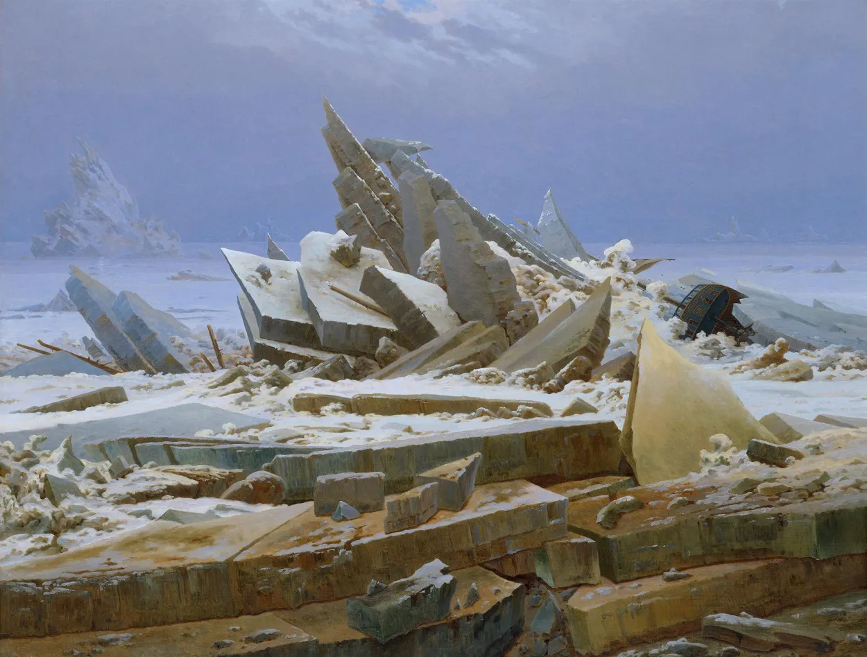 Tableau de Caspar David Friedrich représentant une mer gelée. Au centre de la composition, un amas de blocs de glace acérés fait saillie vers le ciel. On peut apercevoir la poupe d'un navire à droite de cet amoncellement de glace, prisonnier des eaux glacées.pris dans cette mer de glace est visible