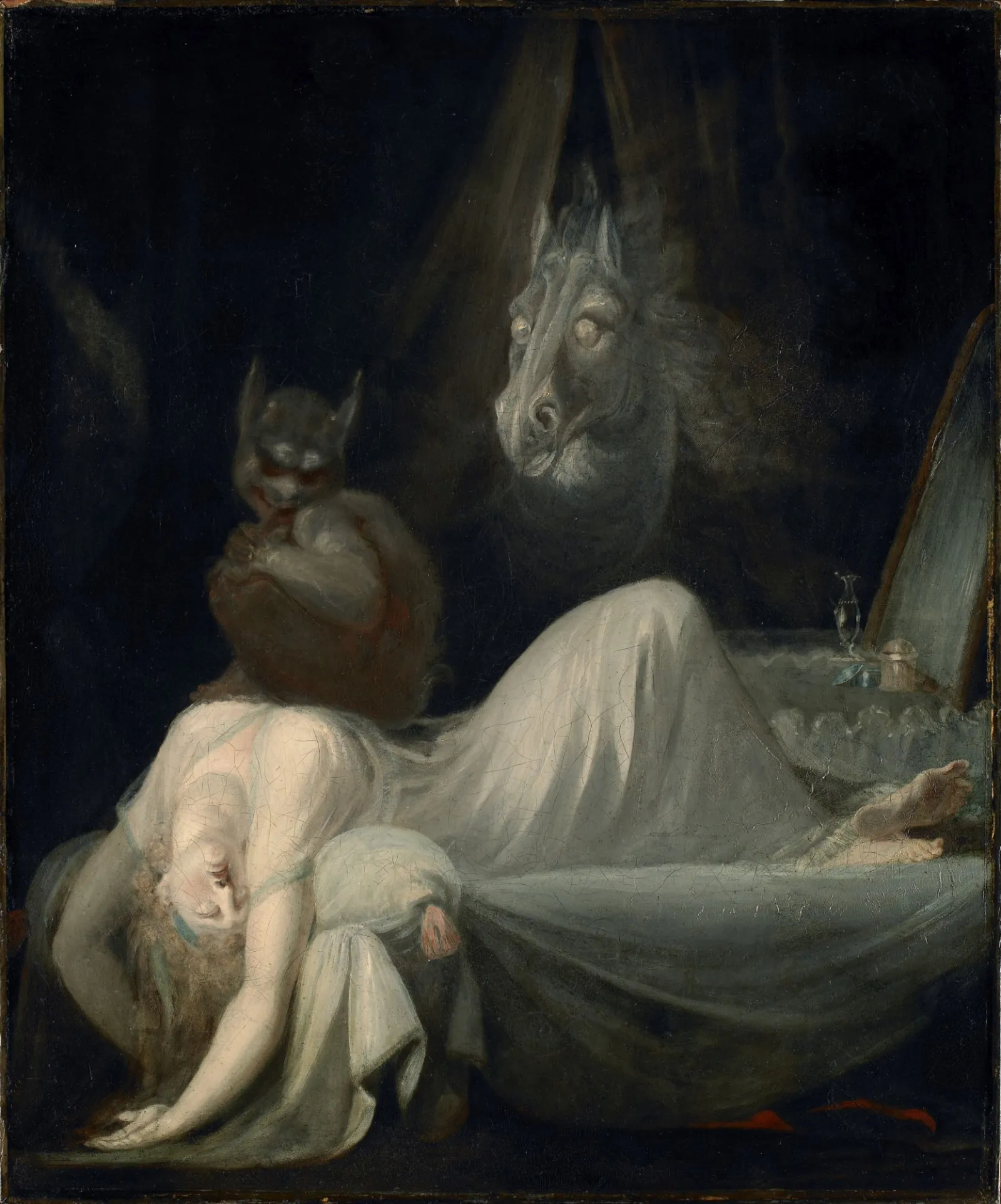 Tableau de Johann Heinrich Füssli représentant une femme en robe de satin blanc, endormie sur un lit, la tête et les bras dépassant du lit, tombant vers le sol. Un démon à l'air diabolique est assis sur sa poitrine. Au second plan, la tête d'un cheval à l'aspect fantomatique émerge de derrière des rideaux.