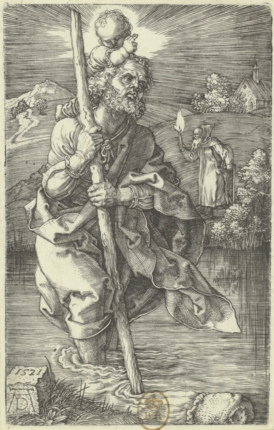 L'image est une gravure d'Albrecht Dürer représentant un vieil homme barbu en train de traverser un cours d'eau à gué. Il a de l'eau jusqu'aux chevilles et s'appuie sur un grand bâton. Il porte un jeune enfant sur ses épaules. Derrière lui se dessinne un paysage de colline. Un vieil homme muni d'une torche est visible sur la rive.