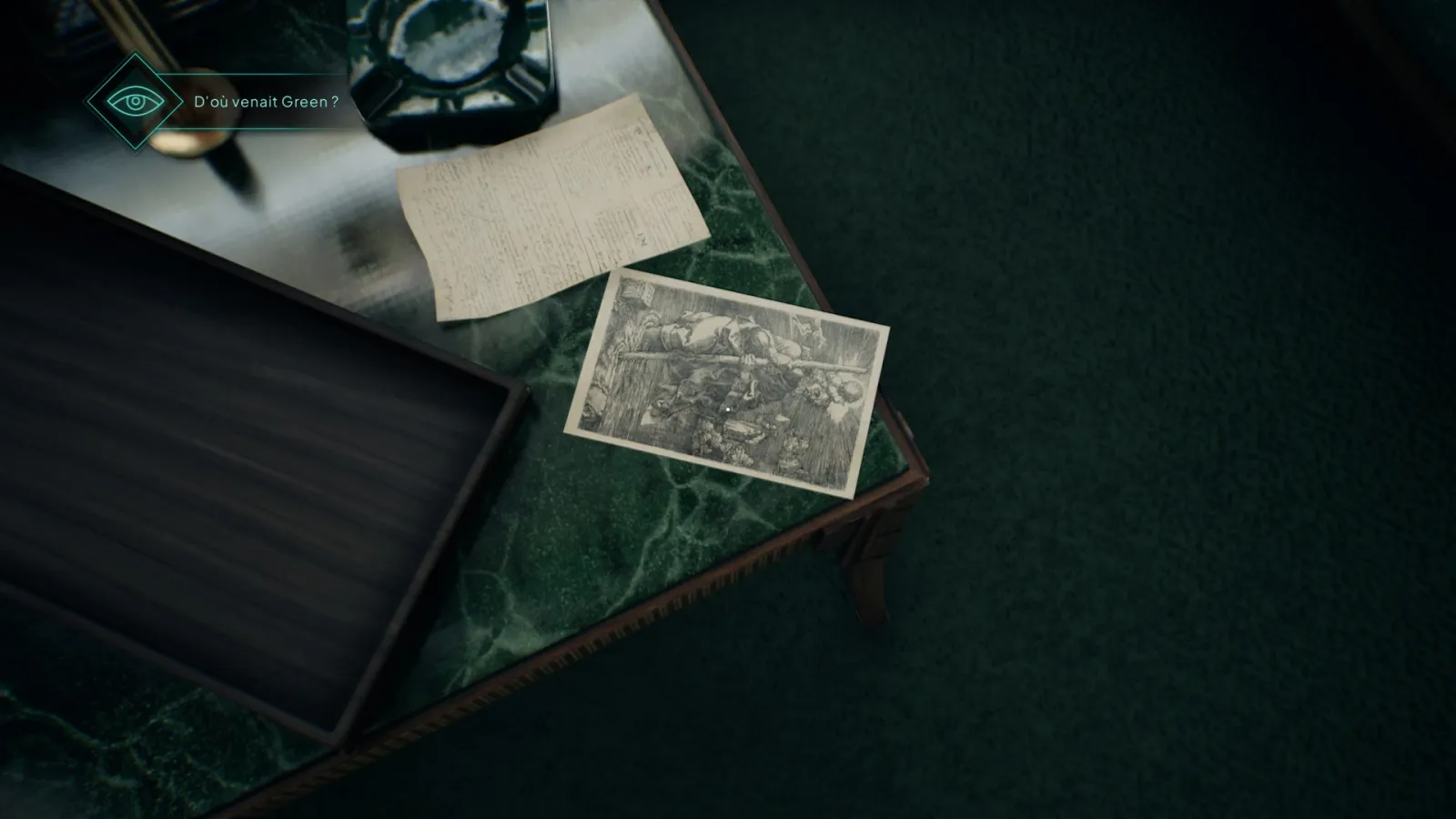 L'image est une capture d'écran du jeu Nobody Wants to Die. On y voit une table basse en marbre sur laquelle sont posés plusieurs objets, dont une gravure de Dürer qui représente Saint Christophe.