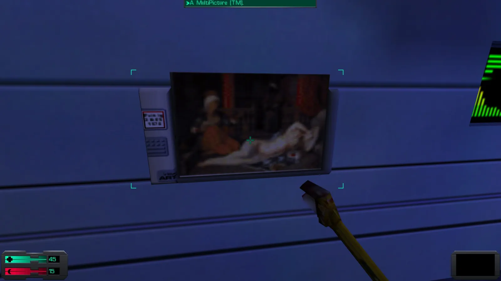 L'image est une capture d'écran du jeu System Shock 2. Le protagoniste du jeu, dont la vision se confond avec le cadre de l'image, tient uné clé à molette dans sa main droite, et il se tient devant un écran accroché au mur d'une des pièces d'un station spatiale. L'écran diffuse l'image du tableau "L'Odalisque à l'esclave" de Jean-Auguste-Dominique Ingres.