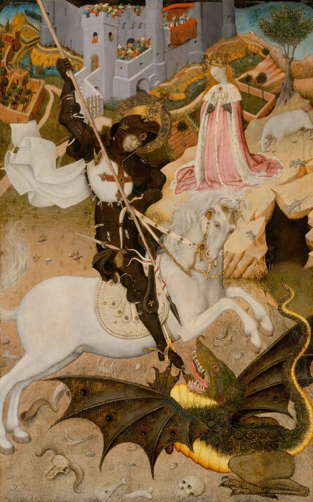 L'image est une peinture représentant la légende de Saint Georges et du Dragon. Au premier plan, le saint vêtu d'une armure sombre et monté sur un cheval blanc, s'apprête à transpercer de sa lance un dragon couché au sol. A l'arrière plan se tient une jeune fille richement vêtue en attitude de prière. Une ville fortifiée est visible au loin.