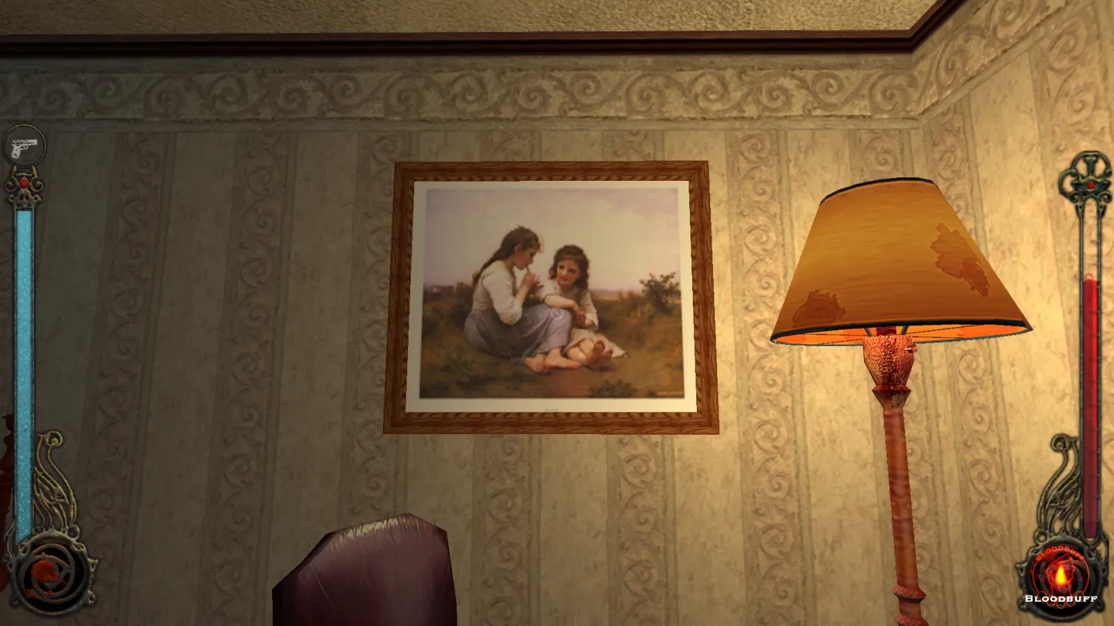 L'image est une capture d'écran du jeu Vampire: The Masquerade – Bloodlines. La caméra, qui adopte le point de vue du personnage joueur, nous montre le mur d'une pièce auquel est accroché un tableau du peintre William Bouguereau, éclairé par un lampadaire.