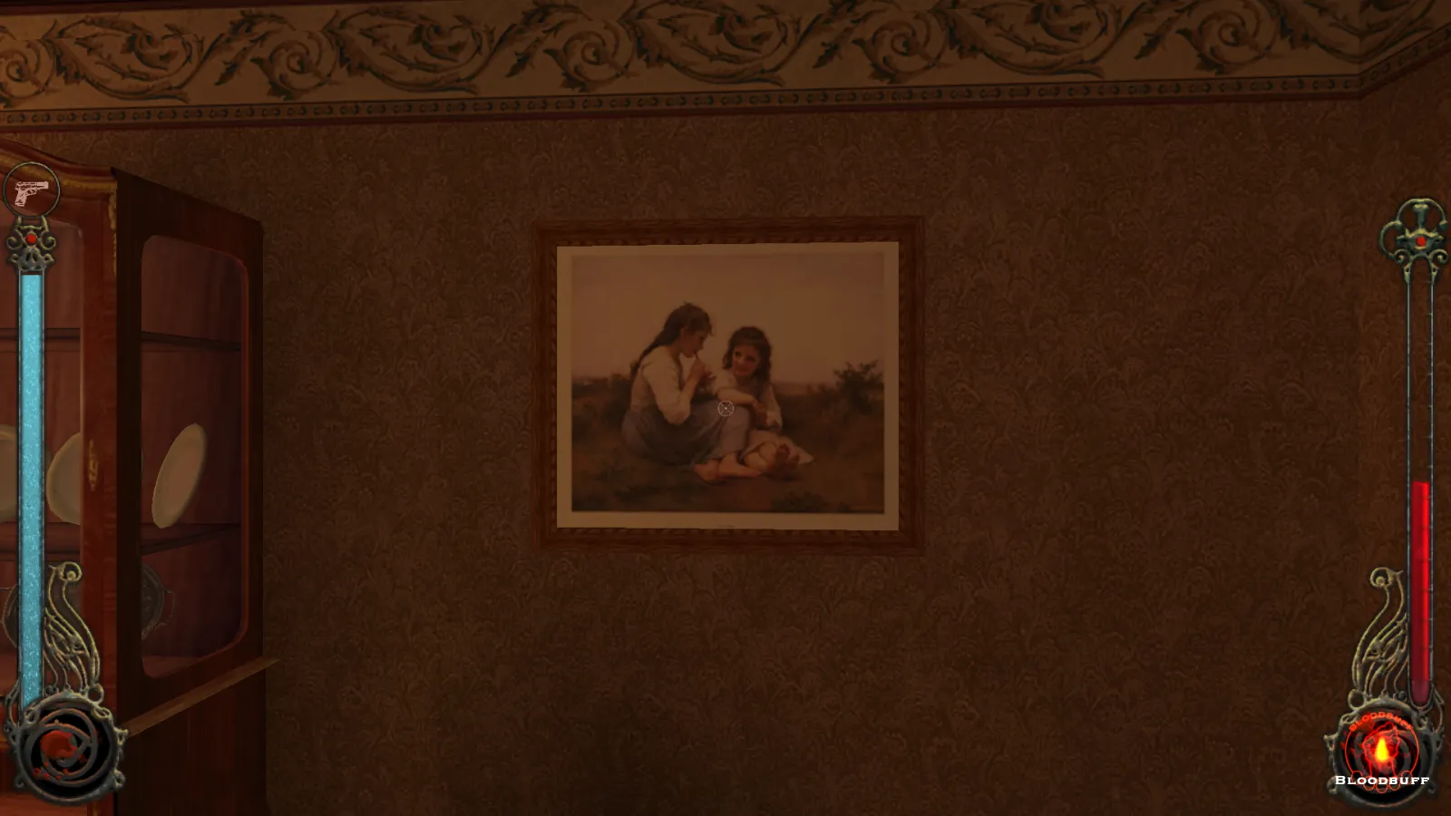 L'image est une capture d'écran du jeu Vampire: The Masquerade – Bloodlines. La caméra, qui adopte le point de vue du personnage joueur, nous montre le mur d'une pièce auquel est accroché un tableau du peintre William Bouguereau