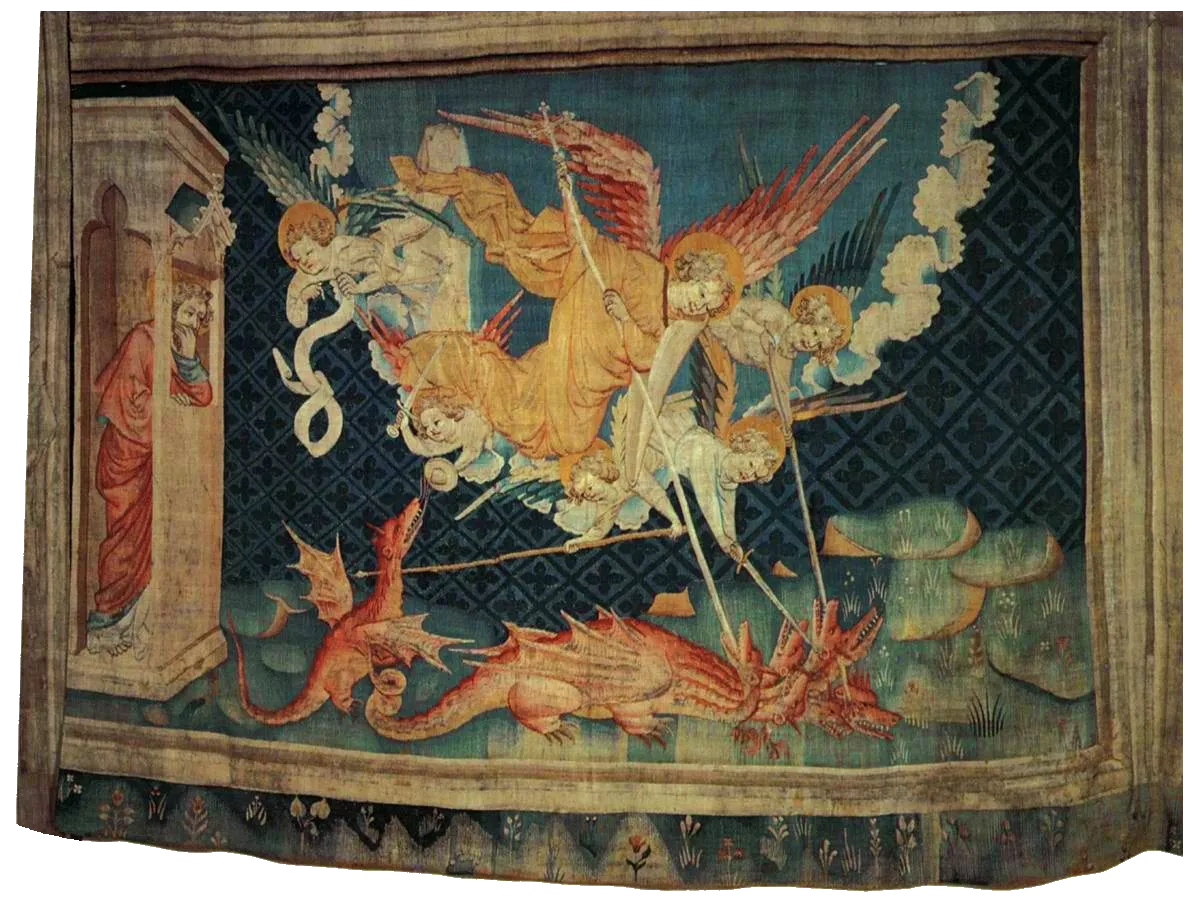 L'image est une tapisserie médiévale représentant plusieurs anges armés de lances combattant un dragon rouge à plusieurs têtes.