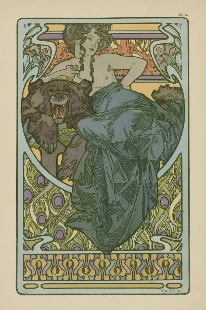 L'image est une estampe représentant une femme et un ours au milieu d'un cadre décoratif aux motifs géométriques et floraux.