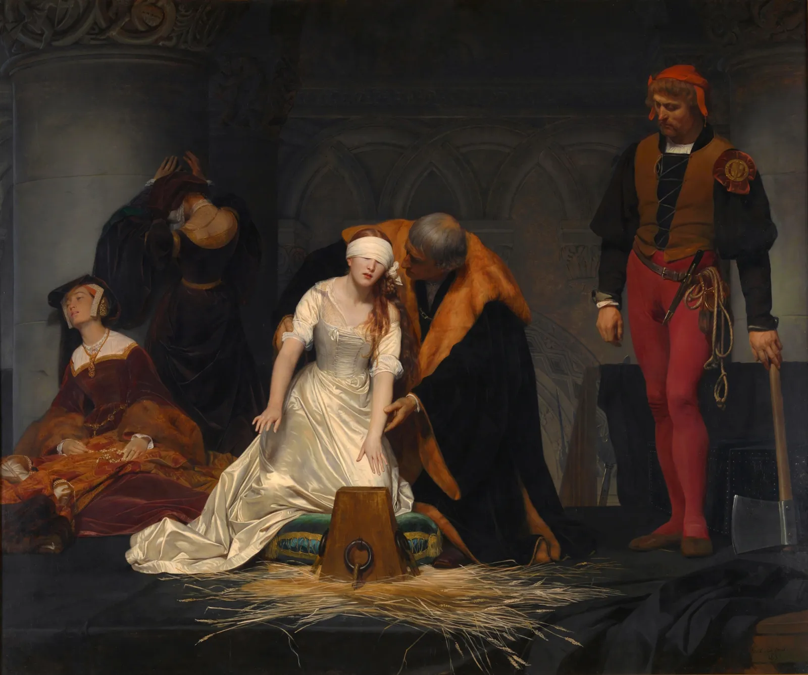 L'image est une peinture de Paul Delaroche représentant l'exécution de Lady Jane Grey. Au centre, une jeune femme vêtue de blanc, les yeux bandés, est à genoux et s'apprête à placer sa tête sur un billot, aidé d'un vieil homme. A droite, un homme debout munie d'une hache assiste à la scène. A l'arrière plan à gauche, deux femmes éplorées détournent le regard.