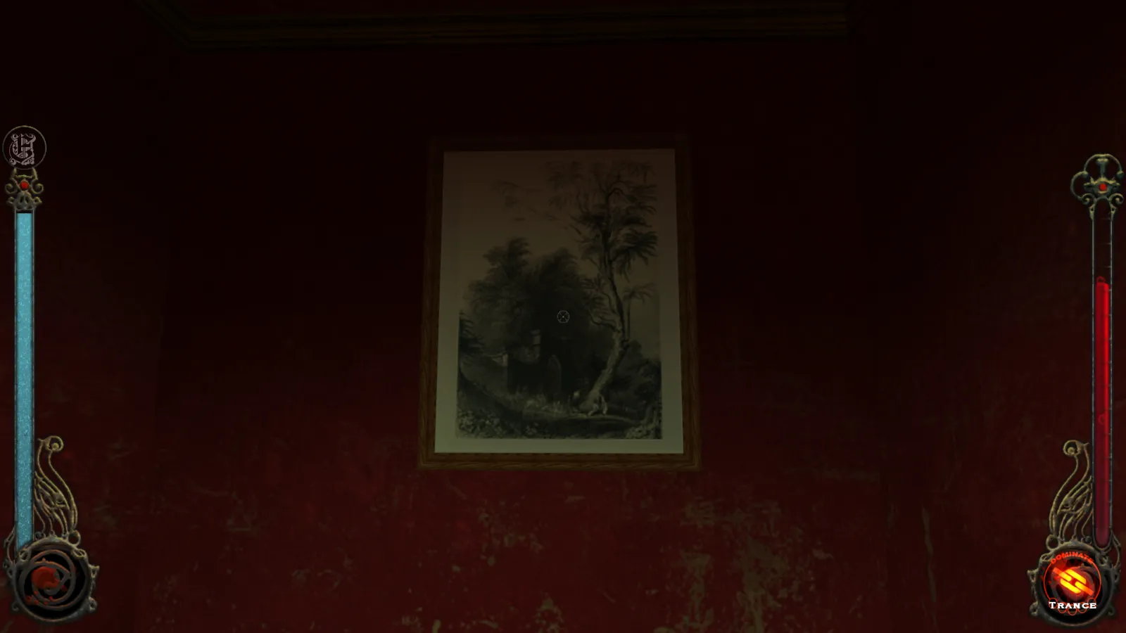 L'image est une capture d'écran du jeu Vampire: The Masquerade – Bloodlines. La caméra, qui adopte le point de vue du personnage joueur, nous montre le mur d'une pièce dont la peinture rouge est très endommagée. Au centre de l'image est accorchée au mur une gravure d'après William Henry Bartlett.