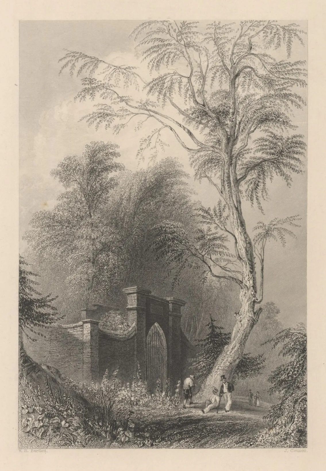 L'image est une gravure représentant un paysage. Une petite enceinte de briques munie d'un portail se tient sur le bord d'un chemin. L'enceinte est entouré de verdure, et près de la porte pousse un grand arbre, auprès duquel discute plusieurs personnages.