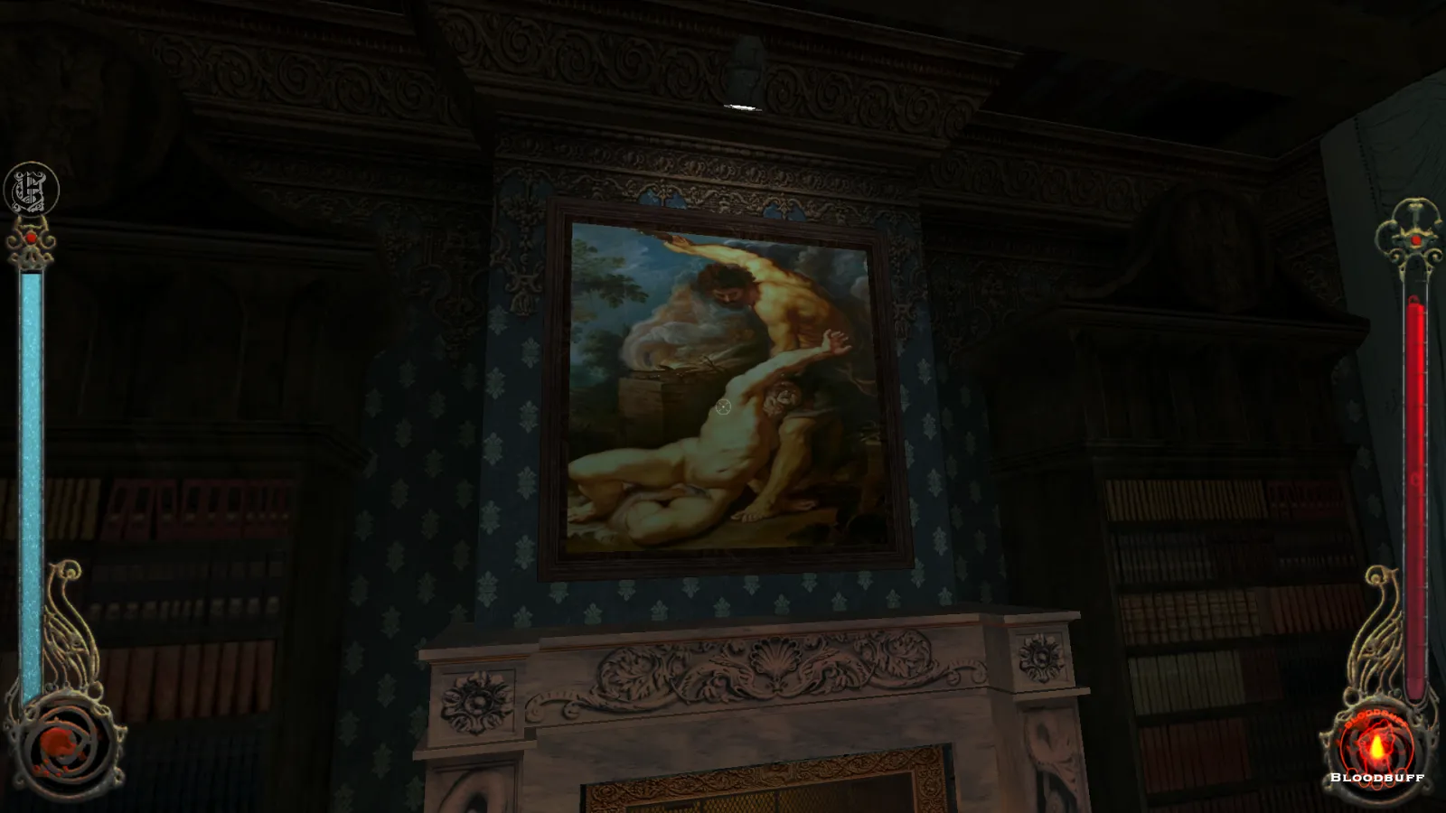 L'image est une capture d'écran du jeu Vampire: The Masquerade – Bloodlines. La caméra, qui adopte le point de vue du personnage joueur, nous montre une pièce tapissée de papier peint à petits motifs géométriques. Au centre de l'image, on peut voir le manteau d'une cheminée, au-dessus duquel est accroché un tableau du peintre Pierre Paul Rubens.