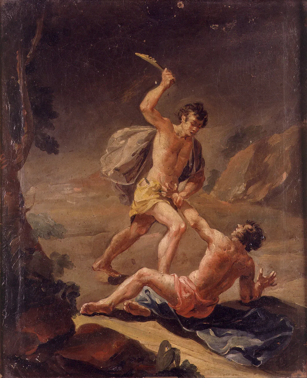 L'image est une peinture représentant le meurtre d'Abel par Caïn. Un homme est étendu au sol au premier plan, tourné vers un second personnage qui s'avance vers lui. Il tend le bras gauche dans un geste de défense. Le deuxième homme a saisi le premier au poignet avec sa mains gauche, et de la droite il s'apprête à le frapper d'une massue. Hormis un arbre au premier plan à gauche, le paysage dans lequel se déroule la scène est désertique.