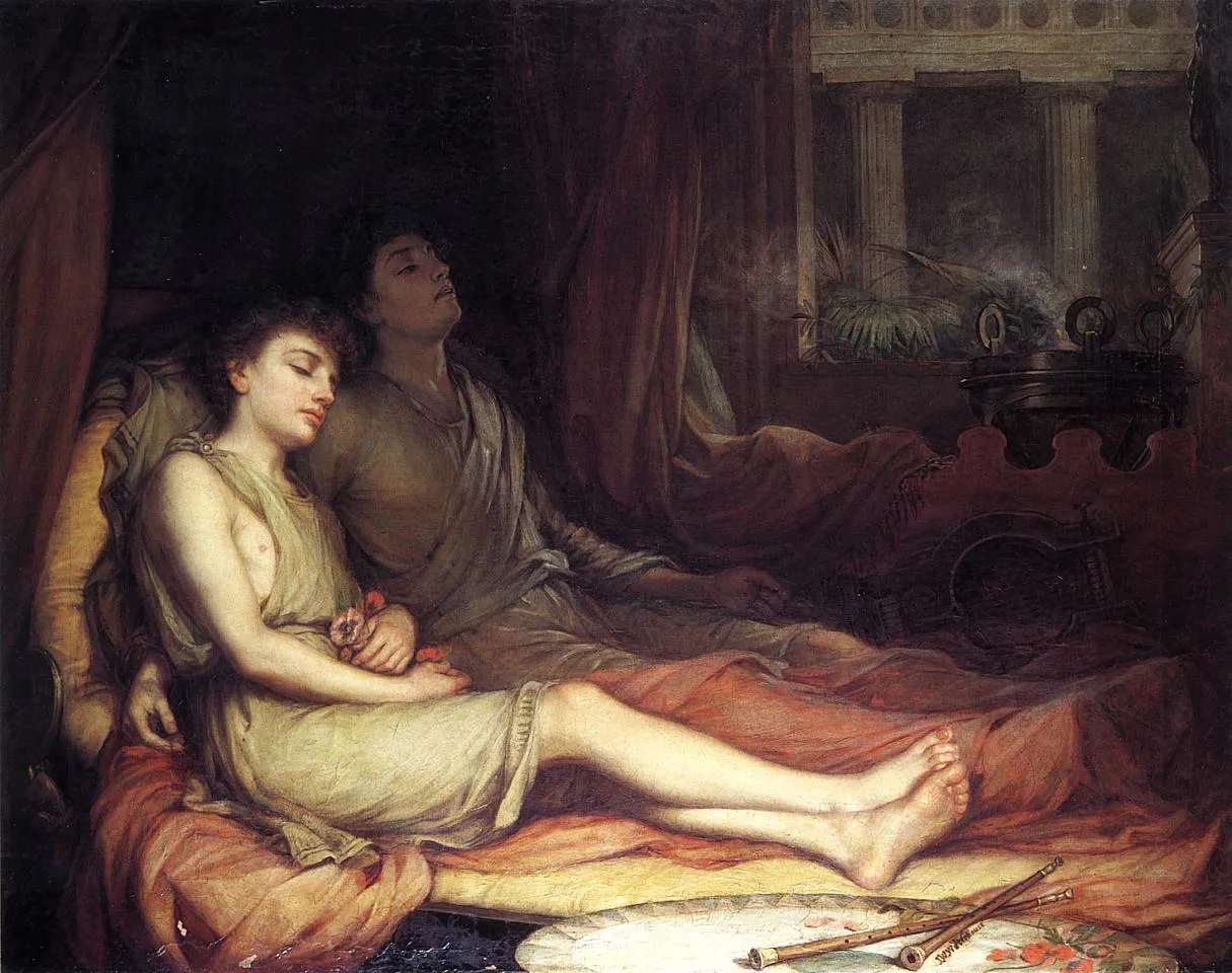 L'image est une peinture représentant deux adolescents endormis, assis dans un lit, les jambes étendues, vêtus de tuniques à l'antique. Le contexte de la scène est lui aussi inspiré de l'antiquité.