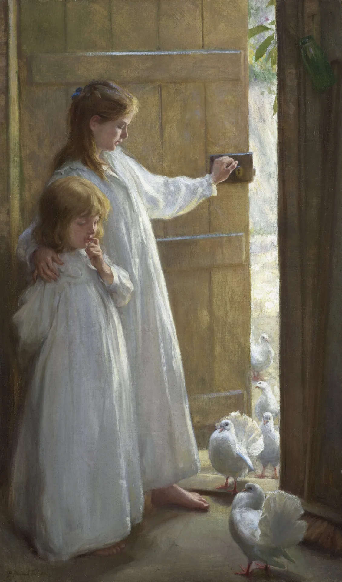 L'image est une peinture représentant deux jeunes filles en longues robes blanches devant une porte donnant sur l'extérieur. Des colombes entrent dans la pièce par l'interstice.