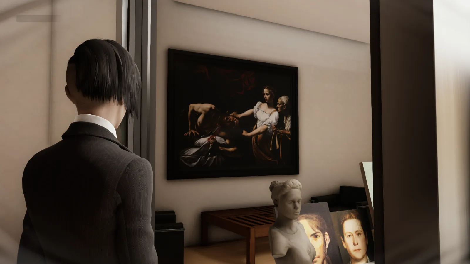 L'image est une capture d'écran du jeu vidéo Vampire: The Masquerade – Swansong. On y voit le personnage joueur de dos dans ce qui semble être un atelier d'artiste. Au mur face à lui est accroché un tableau du Caravage représentant Judith et Holopherne.