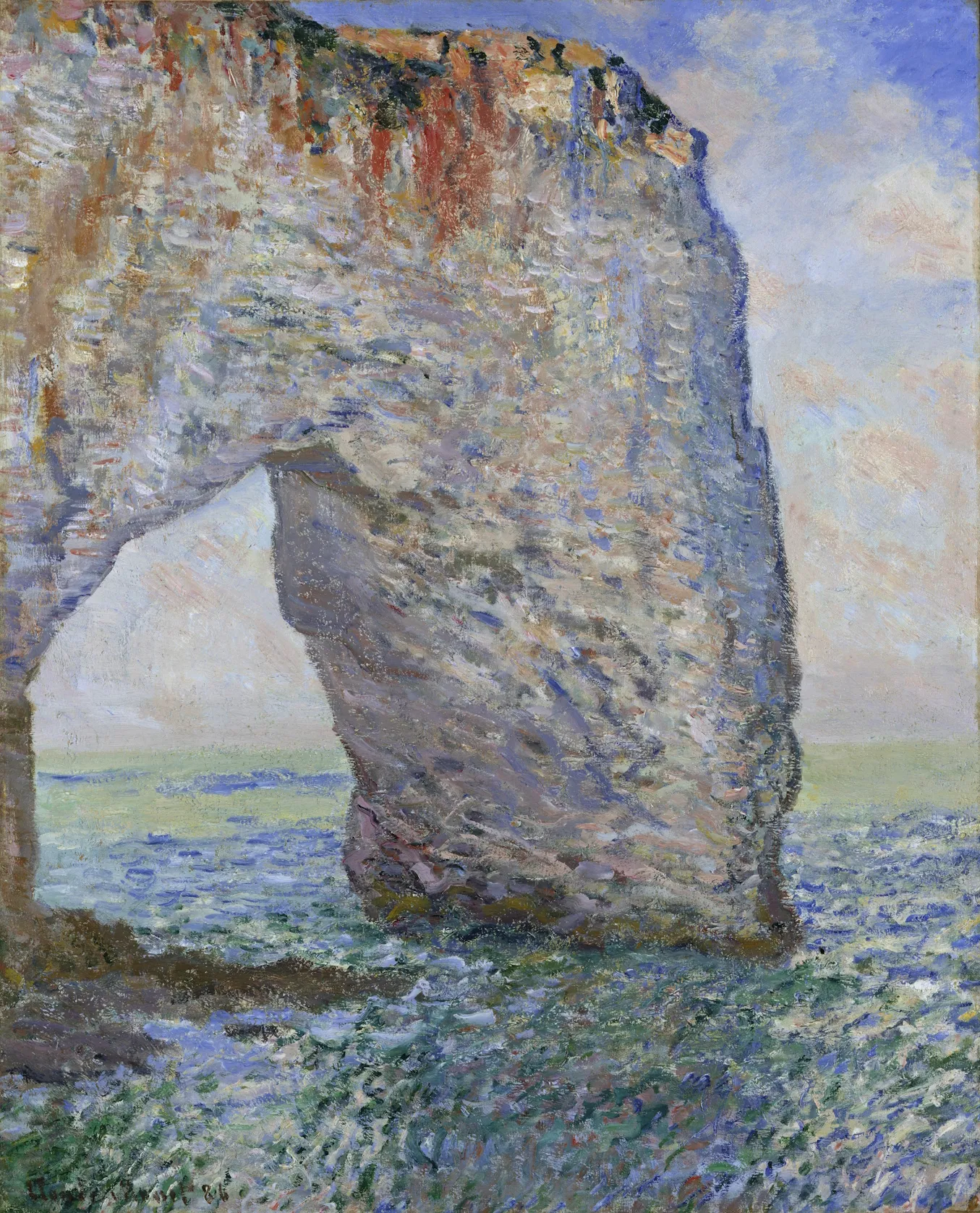 L'image est une peinture représentant la Manneporte à Etretat : une large arche de pierre plonge dans les eaux de l'océan.
