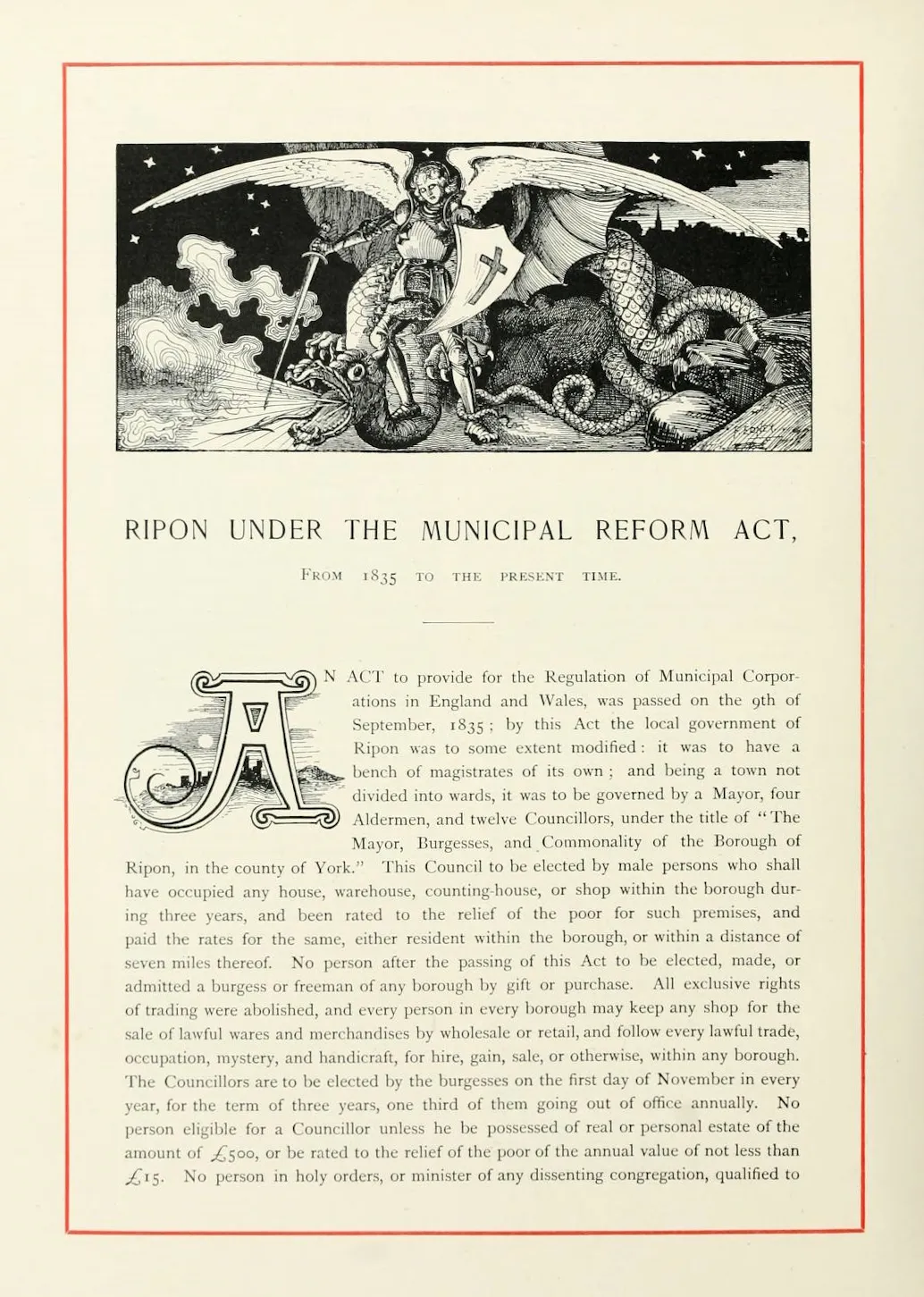 L'image est une page de livre présentant dans sa partie inférieure un large paragraphe de texte, et dans sa partie supérieure une estampe en noir et blanc représentant un personnage en armure, doté de deux grandes ailes blanches et armé d'une épée et d'un bouclier, en train de terrasser un grand dragon crachant du feu.