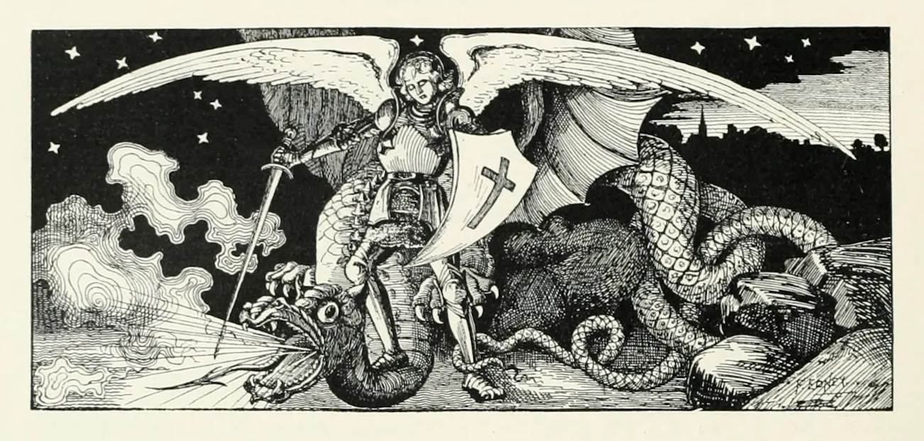 L'image est une estampe en noir et blanc représentant un personnage en armure, doté de deux grandes ailes blanches et armé d'une épée et d'un bouclier, en train de terrasser un grand dragon crachant du feu.