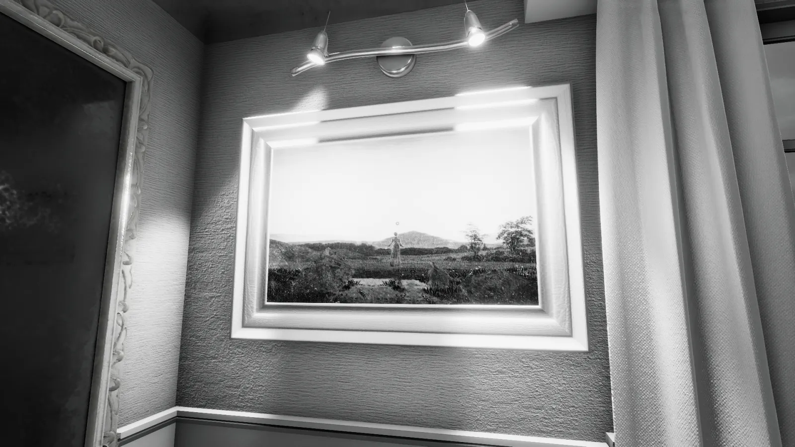Capture d'écran du jeu The Shattering. L'image est en noir et blanc, et montre un tableau du peinture Friedrich accrochée au mur.