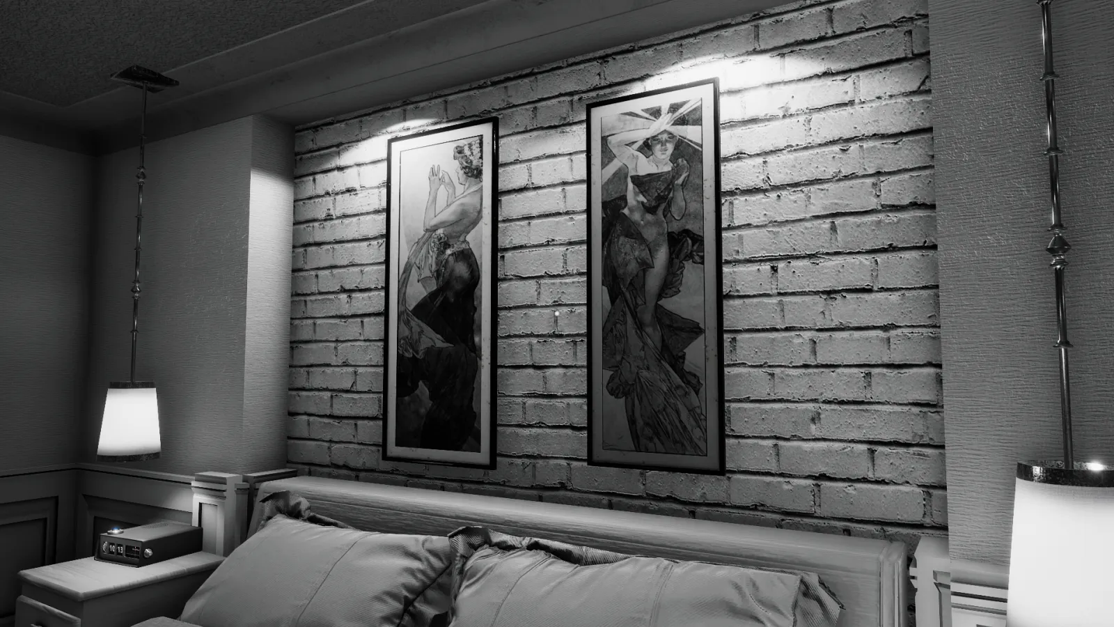 Capture d'écran du jeu The Shattering. L'image est en noir et blanc et montre deux oeuvres d'Alphonse Mucha accrochées à un mur de briques au-dessus d'un lit.