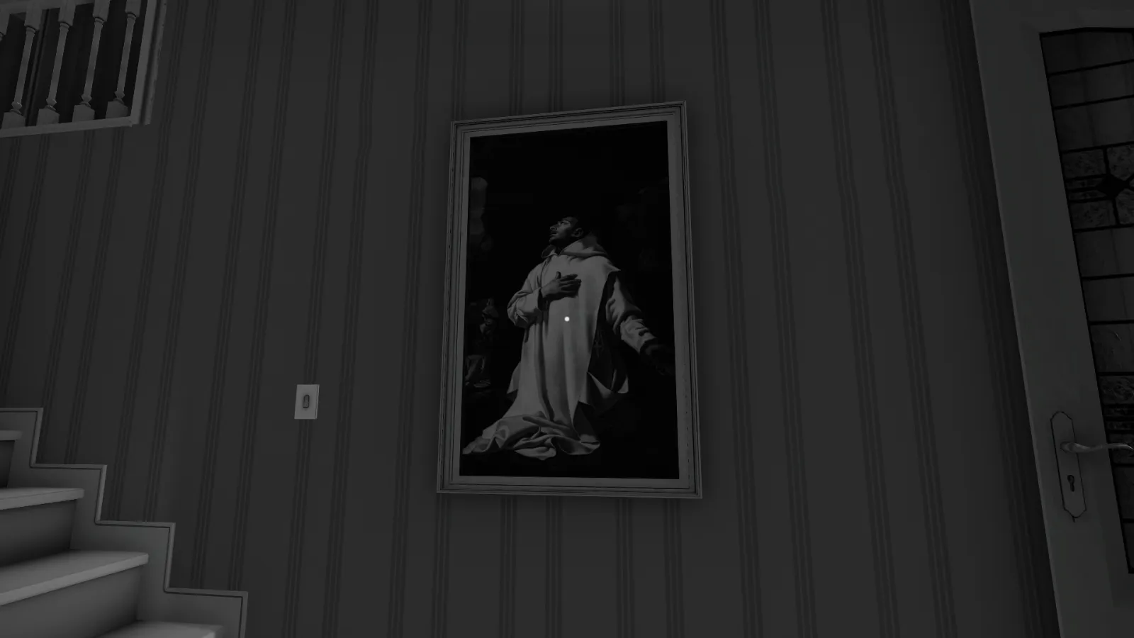 Capture d'écran du jeu The Shattering. L'image est en noir et blanc, et montre un tableau du peintre Nicolas Mignard accroché au mur.