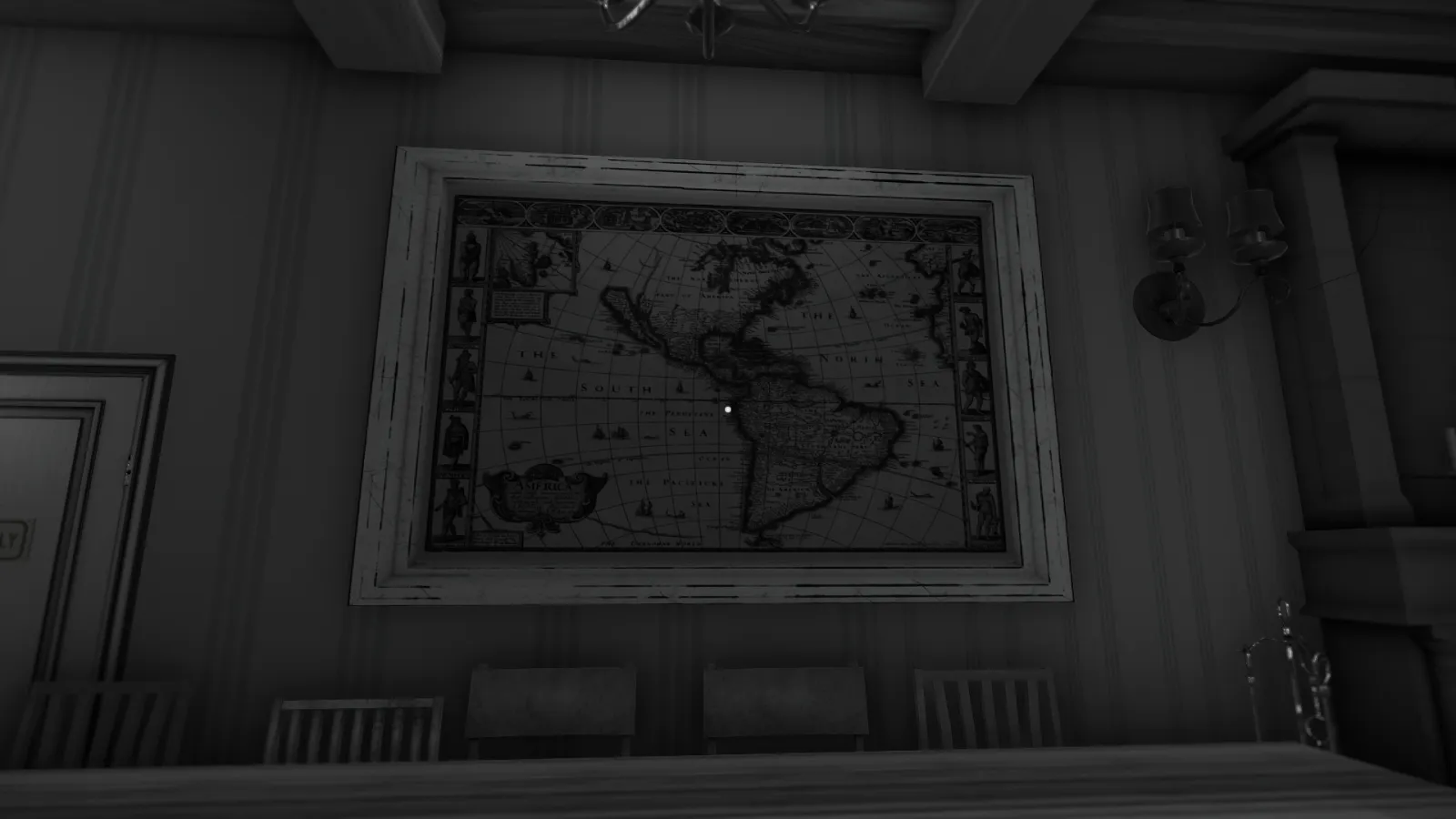 Capture d'écran du jeu The Shattering. L'image est en noir et blanc et montre une carte ancienne de l'Amérique du sud accrochée au mur.