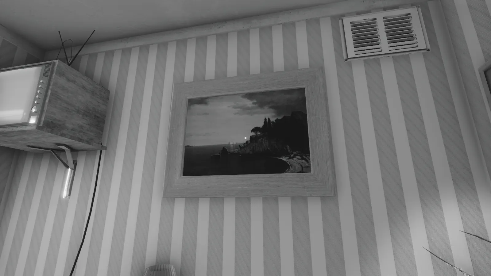 Capture d'écran du jeu The Shattering. L'image est en noir et blanc, et montre un tableau du peintre James Renwick Brevoort accroché au mur.