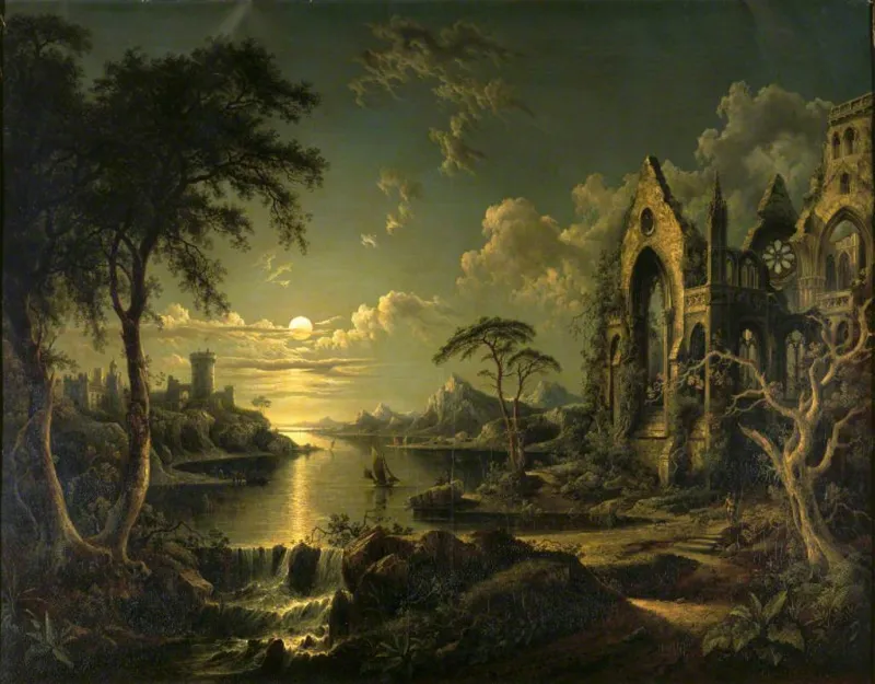Pether Paysage au clair de lune avec une église gothique