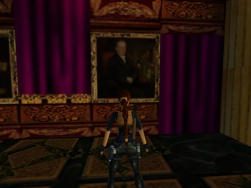 Capture d'écran du jeu Tomb Raider III. On y voit le personnage de Lara Croft dans une loge maçonnique, devant le portrait de Marc Isambard Brunel peint par Samuel Drummond