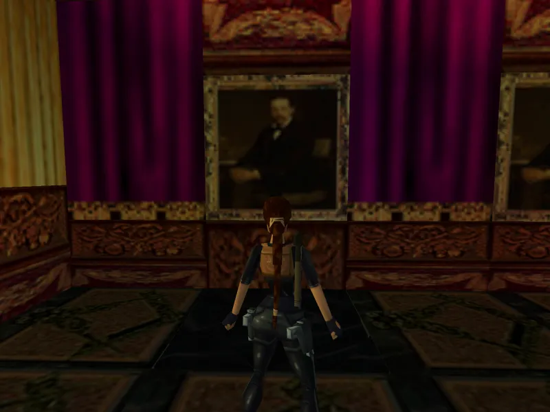 Capture d'écran du jeu Tomb Raider III. On y voit le personnage de Lara Croft dans une loge maçonnique, devant le portrait de Lord Randolph Churchill peint par Edwin Long