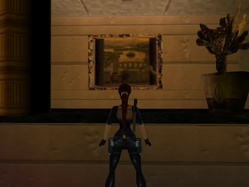 Capture d'écran du jeu Tomb Raider III. On y voit le personnage de Lara Croft dans le bureau de Sophia Leigh, devant une toile dont l'image est un fragment du tableau La Vierge au chancelier Rolin, peint par Jan van Eyck.