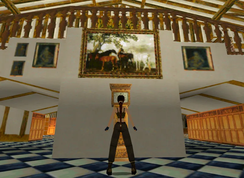 Capture d'écran de Tomb Raider II dans laquelle on voit une toile de George Stubbs représentant des juments et des poulains