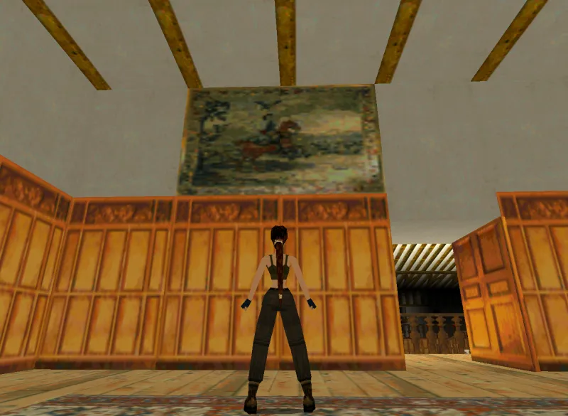 Capture d'écran de Tomb Raider II dans laquelle on voit une tapisserie représentant Pierre le Grand à la bataille de Poltava