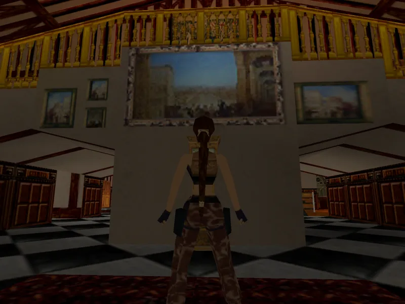 Capture d'écran du jeu Tomb Raider III. On y voit le personnage de Lara Croft dans son manoir, devant une peinture de Turner représentant la ville de Rome, vue depuis une galerie du palais du Vatican
