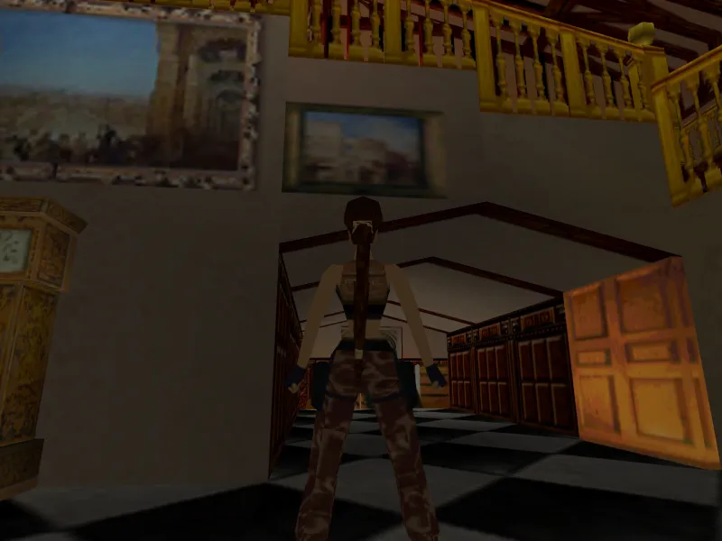 Capture d'écran du jeu Tomb Raider III. On y voit le personnage de Lara Croft dans son manoir, devant une peinture de Turner représentant le Pont des Soupis à VeniseCanal de Venise, vue depuis la lagune.