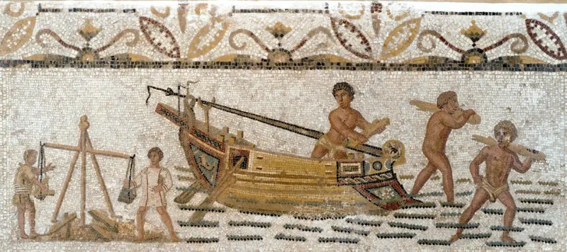 Mosaïque romaine représentant le déchargement d'un navire