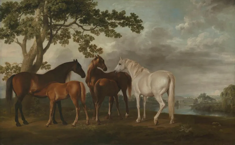 Peinture de George Stubbs représentant des juments et des poulains près d'une rivière