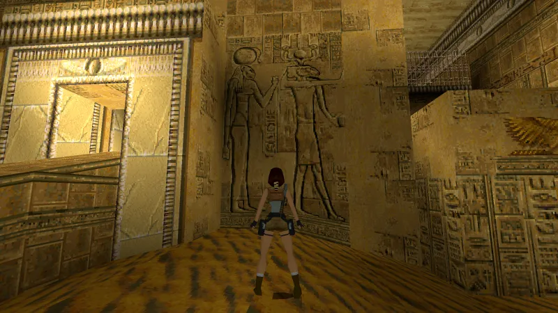 Capture d'écran de Tomb Raider dans laquelle on voit un relief du temple de Khnoum à Esna, représentant le dieu Khnoum et la déesse Menhit
