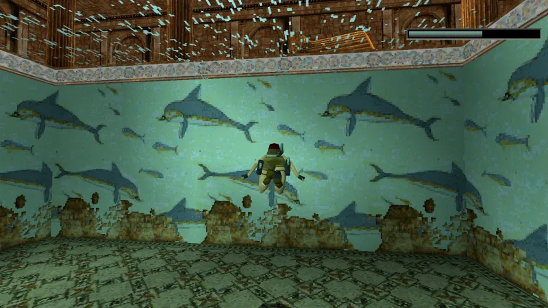 Capture d'écran de Tomb Raider dans laquelle on voit la Fresque des Dauphins du palais de Cnossos